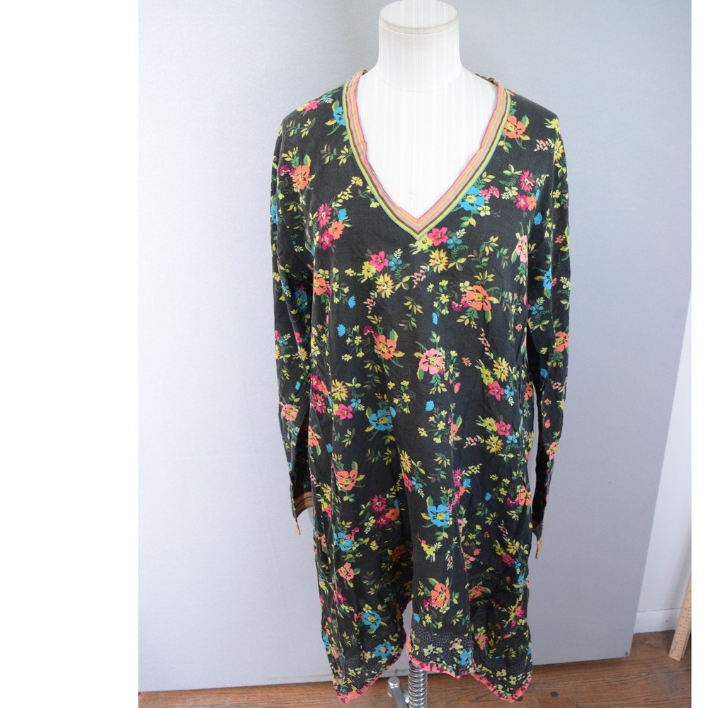 Johnny Was Tunic Dress L Black Floral Cotton Handkerchief Hem Womens Boho V-Neck